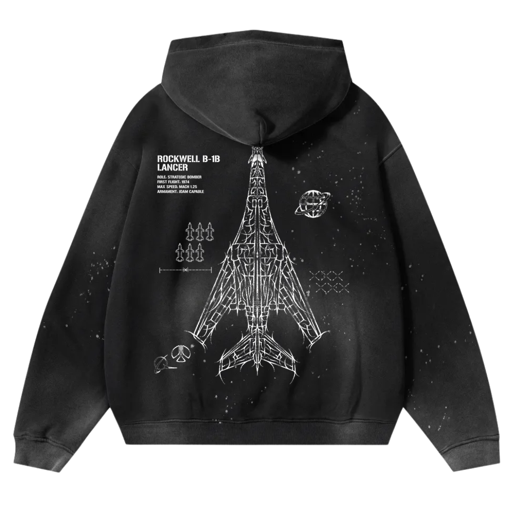 Black hoodie with aviation-inspired Rockwell B-1B Lancer bomber graphic and schematic art