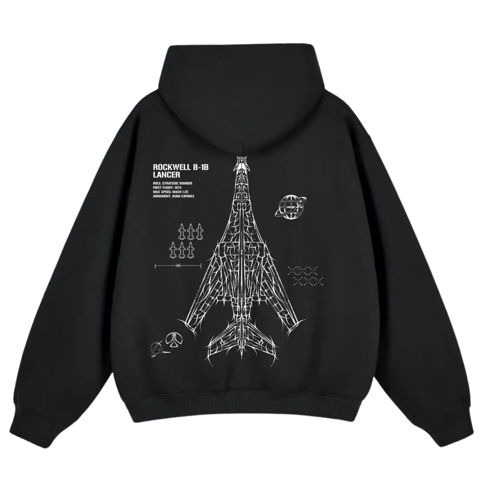 Black hoodie featuring aviation-inspired Rockwell B-1B Lancer bomber schematic graphic on back.