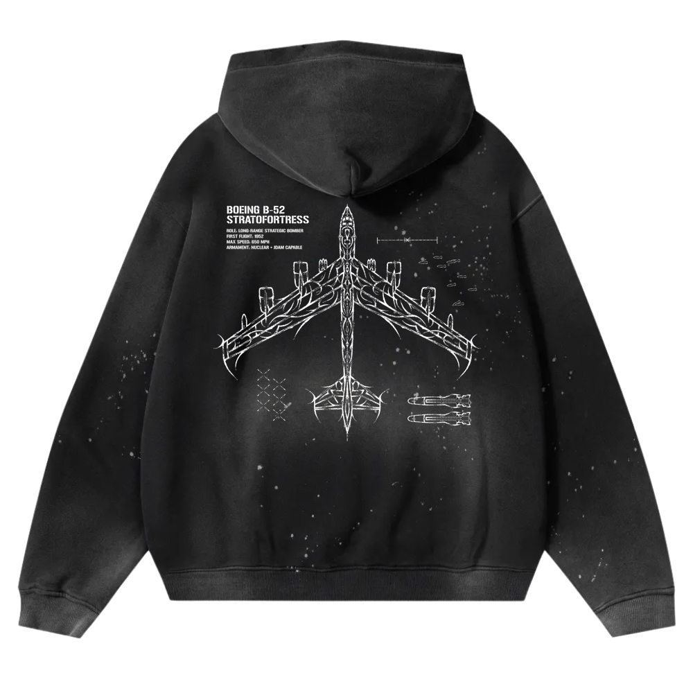 Black hoodie with white Boeing B-52 Stratofortress blueprint graphic and aviation details