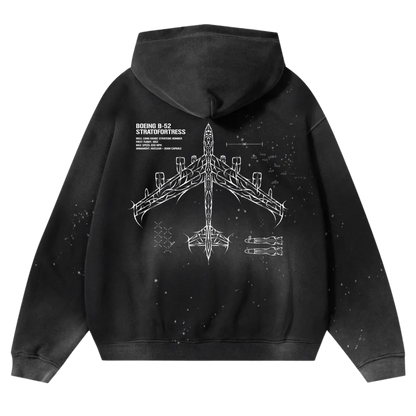 Black hoodie with white Boeing B-52 Stratofortress blueprint graphic and aviation details