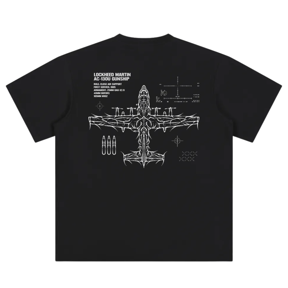 Black t-shirt back with AC-130U gunship graphic, aviation schematics, and technical text.