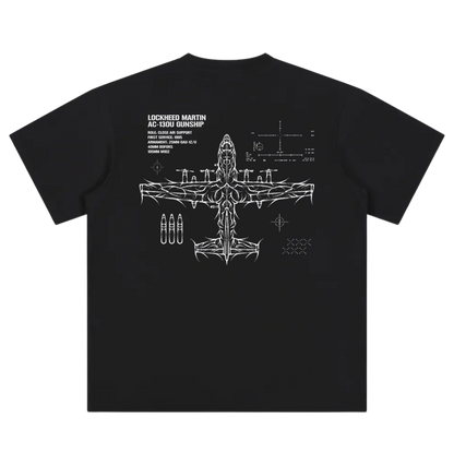 Black t-shirt back with AC-130U gunship graphic, aviation schematics, and technical text.