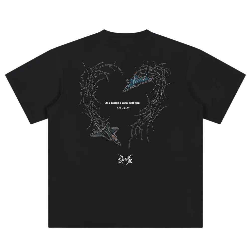 Black streetwear t-shirt back with aviation graphic, fighter jets, and modern line art design.