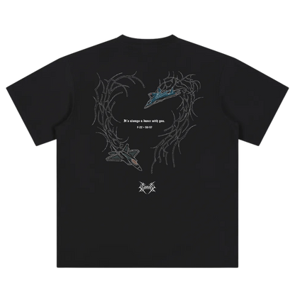 Black streetwear t-shirt back with aviation graphic, fighter jets, and modern line art design.
