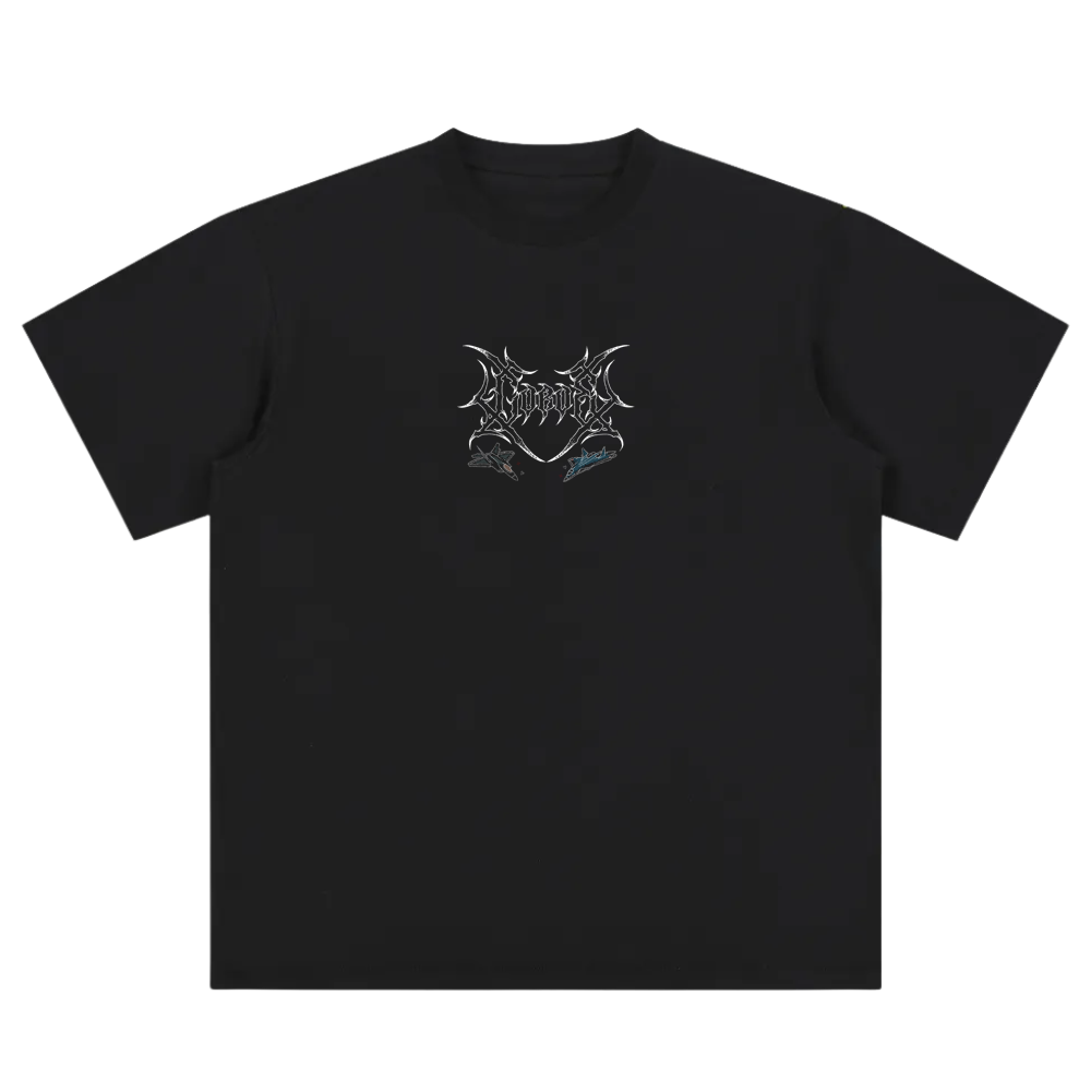 Black t-shirt with sharp aviation-inspired graphic and modern streetwear design on front