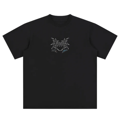 Black t-shirt with sharp aviation-inspired graphic and modern streetwear design on front