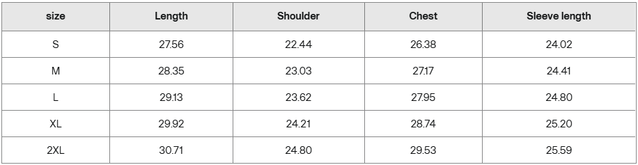 Blue hoodie size guide chart with chest, shoulder, length, and sleeve measurements for S to 2XL.