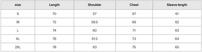 Blue hoodie size guide chart with length, shoulder, chest, and sleeve measurements in cm.