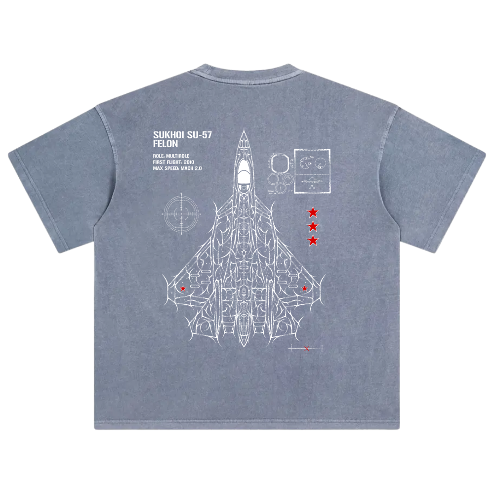 Blue t-shirt with white SU-57 fighter jet schematic and aviation-inspired graphics on back