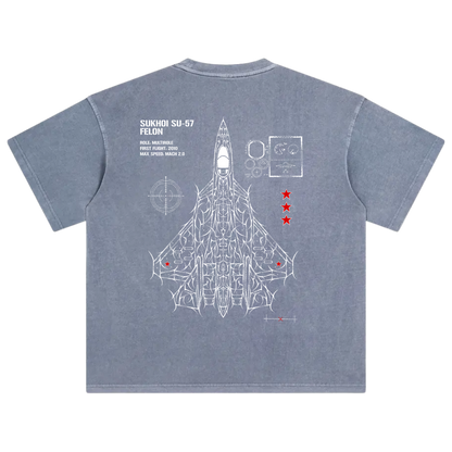 Blue t-shirt with white SU-57 fighter jet schematic and aviation-inspired graphics on back