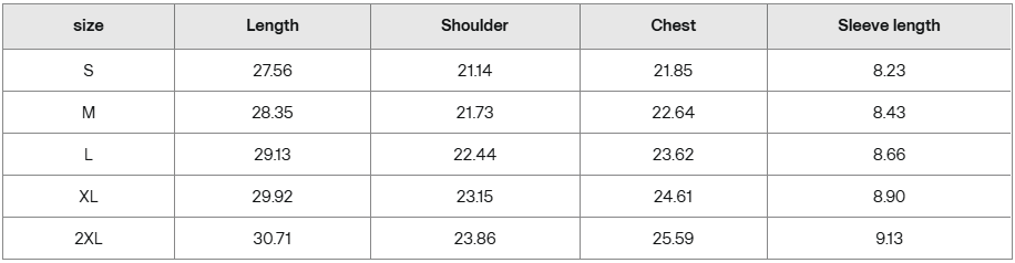 Blue shirt size guide table with length, shoulder, chest, and sleeve measurements for S to 2XL.