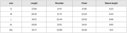 Blue shirt size guide table with length, shoulder, chest, and sleeve measurements for S to 2XL.