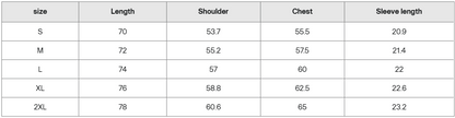 Blue shirt size guide in centimeters showing length, shoulder, chest, and sleeve measurements.