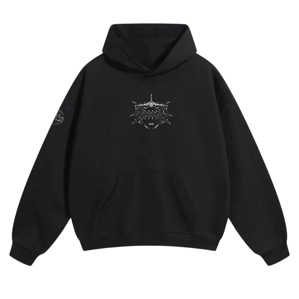 Black hoodie with metallic abstract emblem graphic on chest and patch on sleeve.