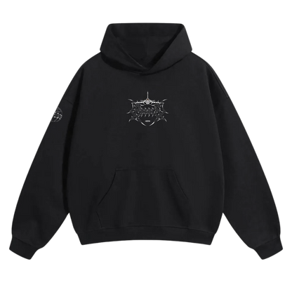 Black hoodie with metallic abstract emblem graphic on chest and patch on sleeve.