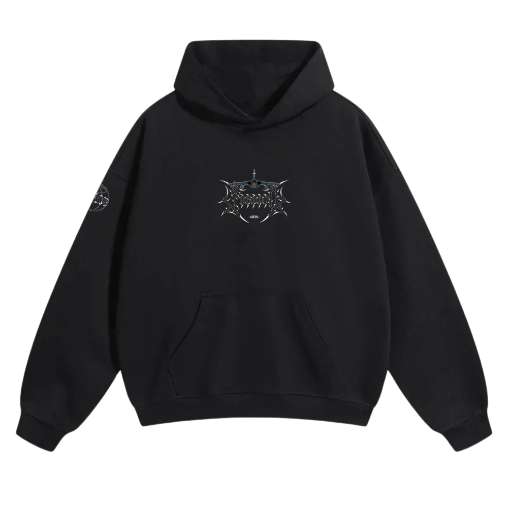 Black hoodie with aviation-inspired linework logo on chest and circular patch on sleeve