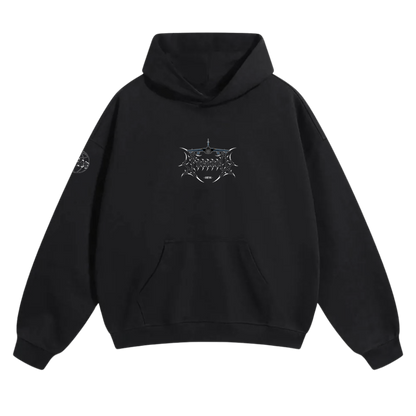 Black hoodie with aviation-inspired linework logo on chest and circular patch on sleeve