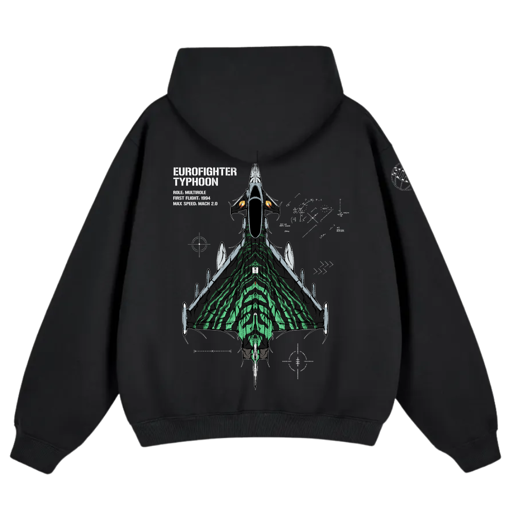 Black hoodie with Eurofighter Typhoon jet graphic and aviation-inspired technical details on back