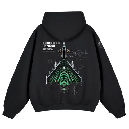 Black hoodie with Eurofighter Typhoon jet graphic and aviation-inspired technical details on back