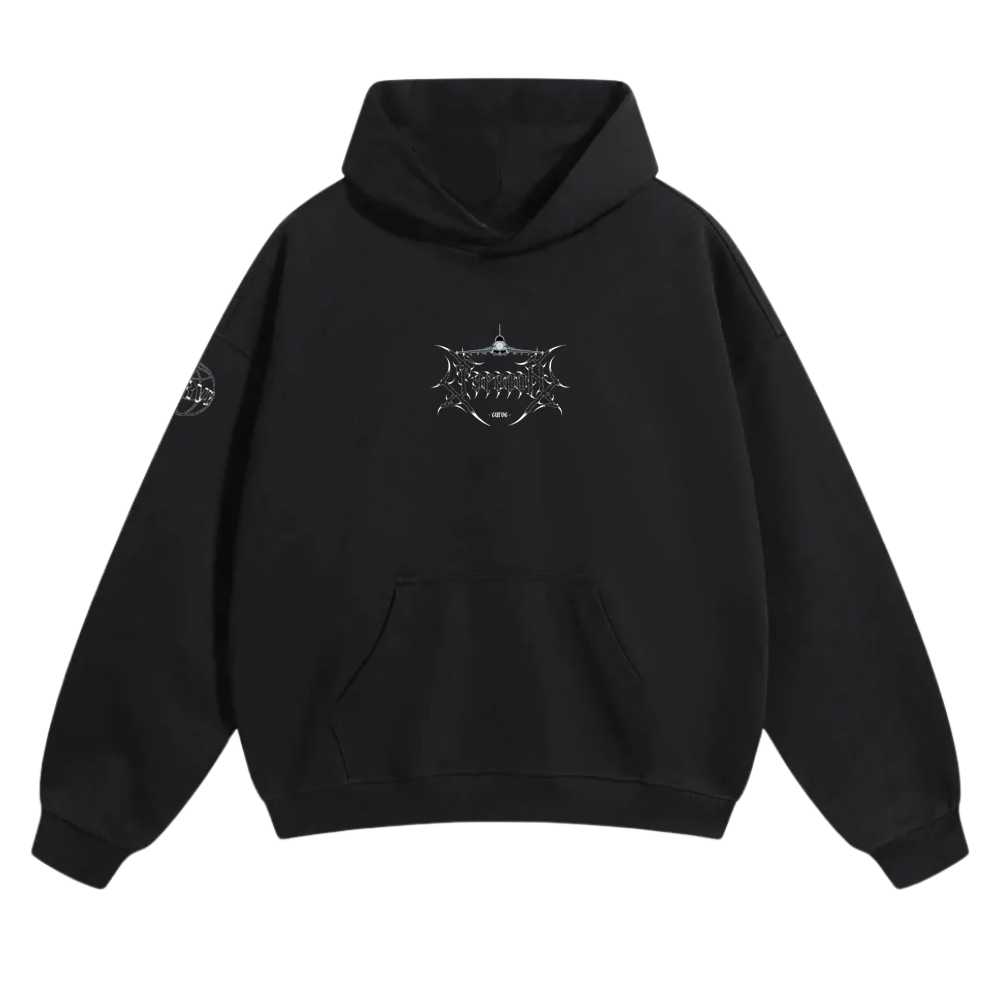 Black hoodie with silver futuristic linework graphic on chest and patch detail on sleeve