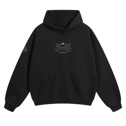 Black hoodie with silver futuristic linework graphic on chest and patch detail on sleeve