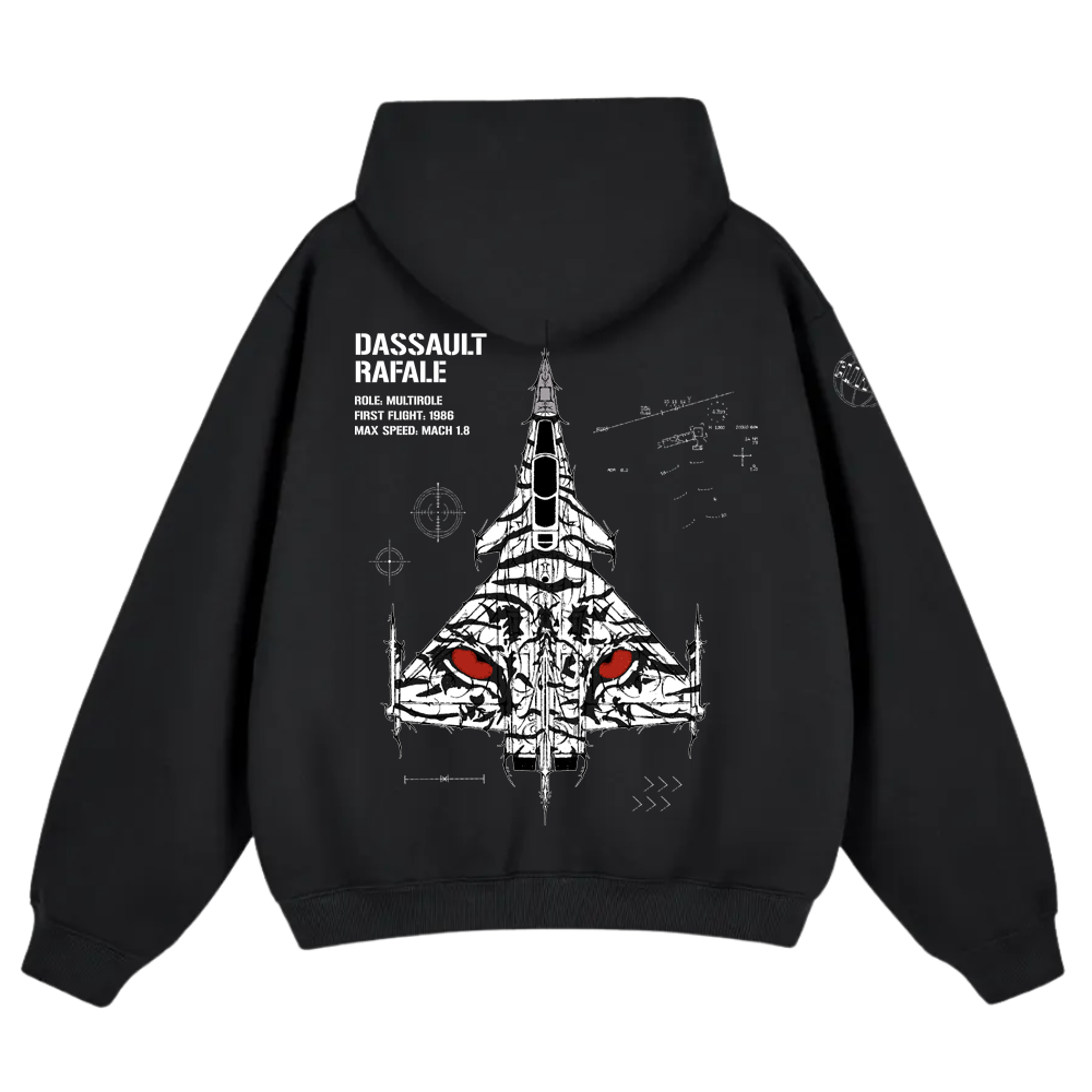 Black hoodie featuring a graphic Dassault Rafale jet, white technical designs, red accents.
