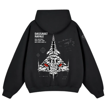 Black hoodie featuring a graphic Dassault Rafale jet, white technical designs, red accents.