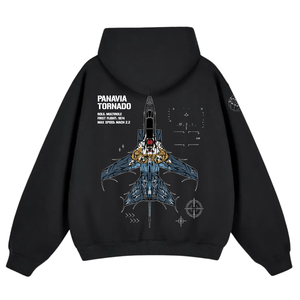 Black hoodie with detailed Panavia Tornado jet graphic and aviation specs on the back