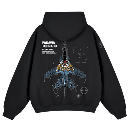 Black hoodie with detailed Panavia Tornado jet graphic and aviation specs on the back