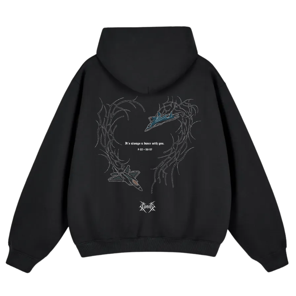 Black hoodie with aviation-inspired graphic of two fighter jets and swirling linework on the back.