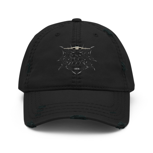 Black distressed dad hat with metallic aviation-inspired graphic and curved brim