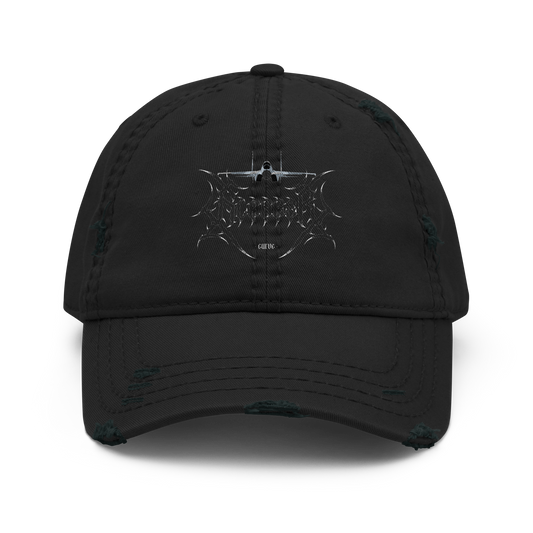 Black distressed dad hat with aviation-inspired graphic on the front