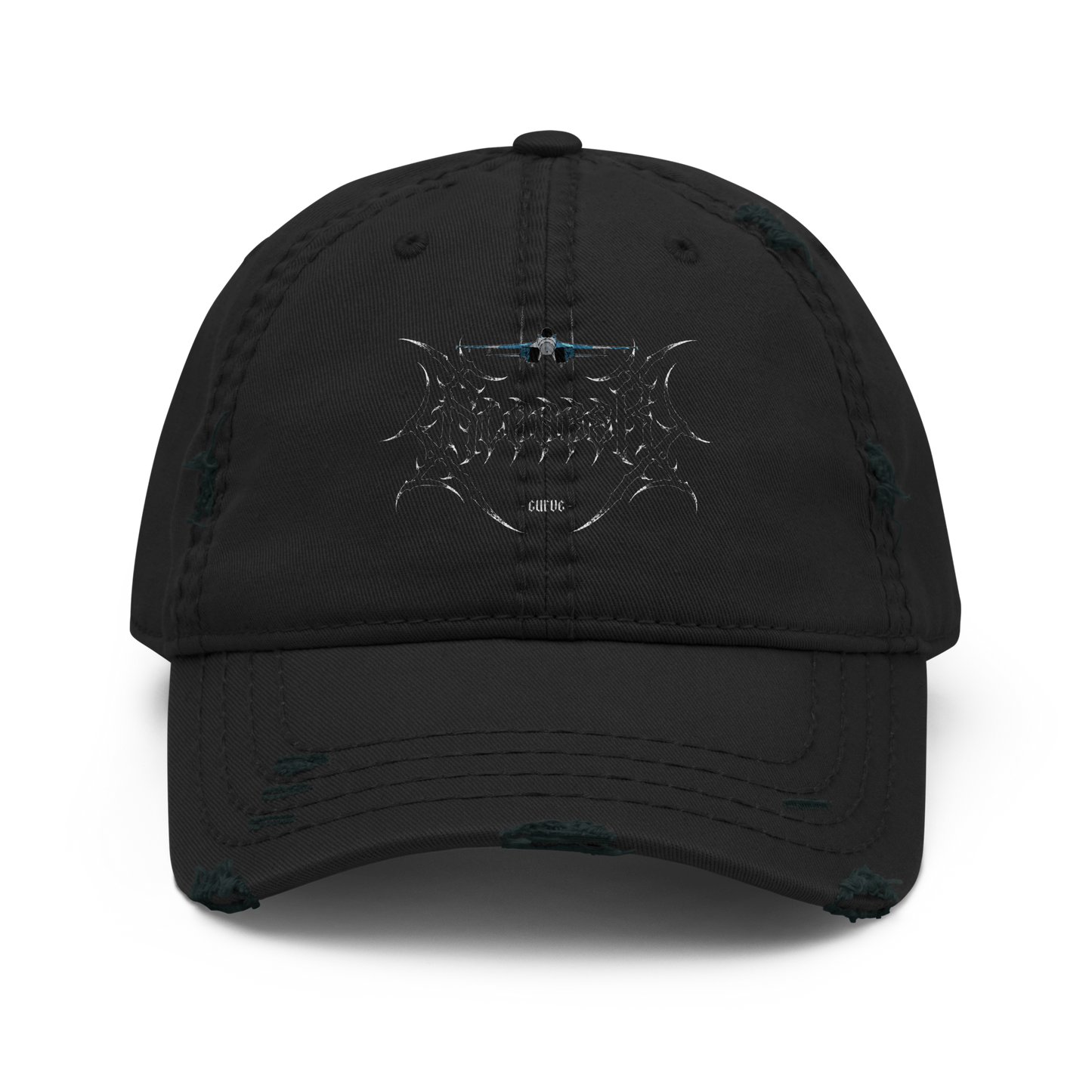 Black distressed dad hat with spiked graphic logo and small airplane on the front