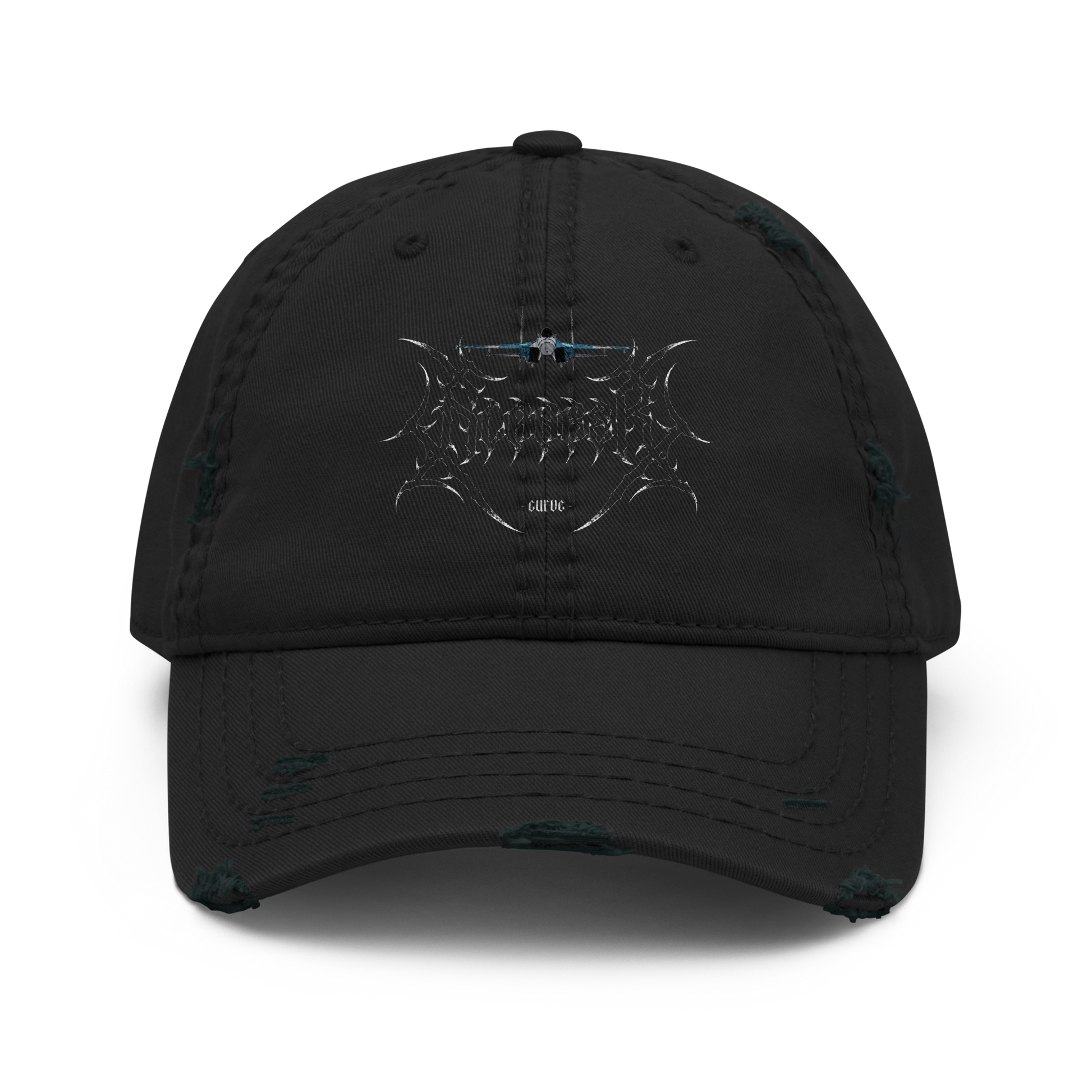 Black distressed dad hat with spiked graphic logo and small airplane on the front
