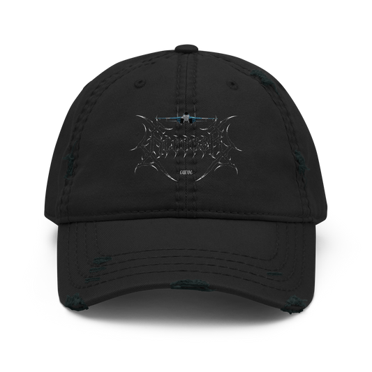 Black distressed dad hat with spiked graphic logo and small airplane on the front