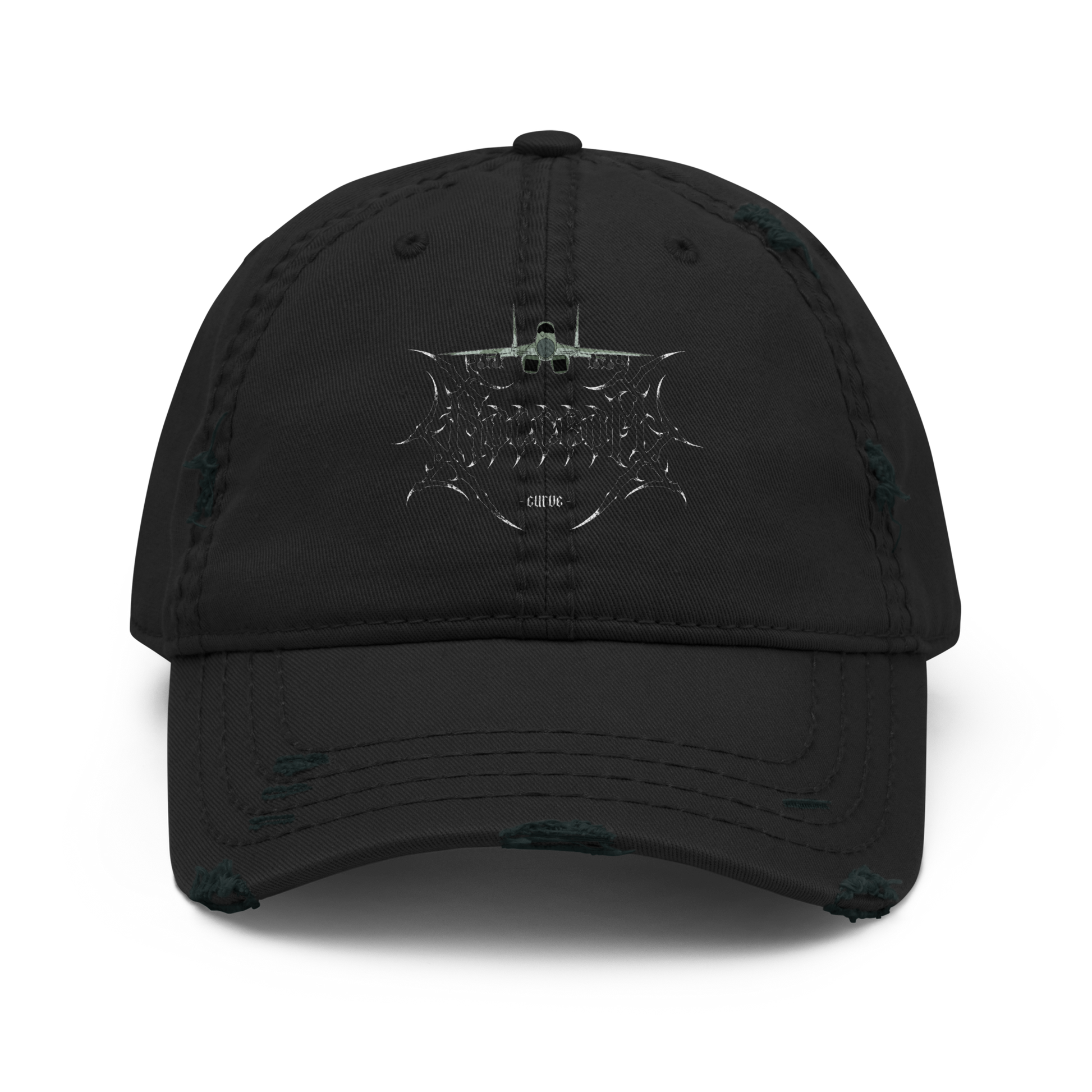 Black distressed dad hat with aviation-inspired graphic and subtle logo on front