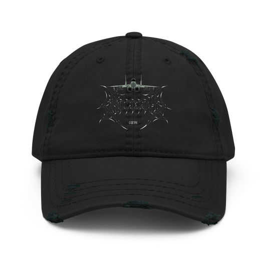 Black distressed dad hat with aviation-inspired graphic and subtle logo on front