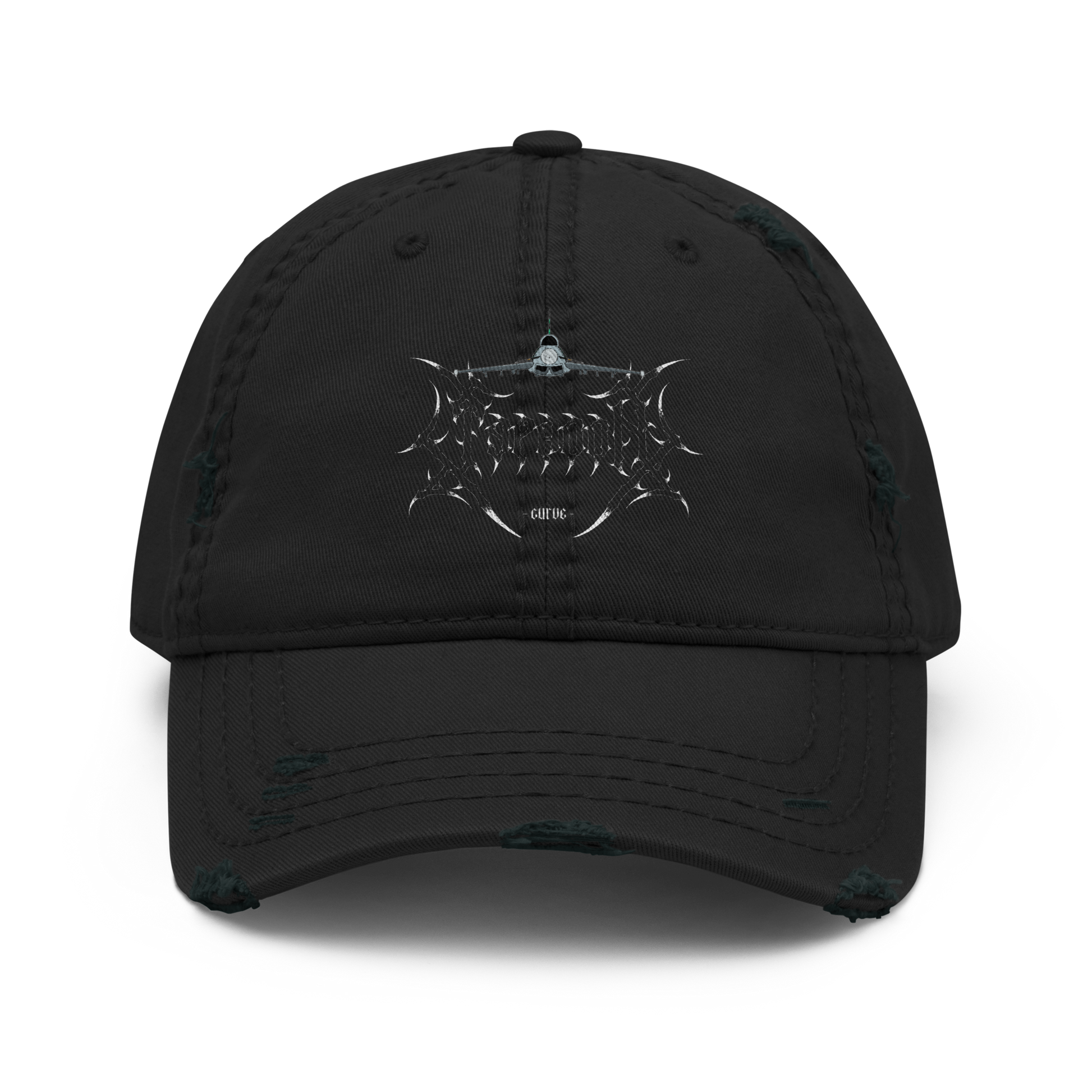 Black distressed dad hat with metallic graphic and aviation-inspired motif on the front
