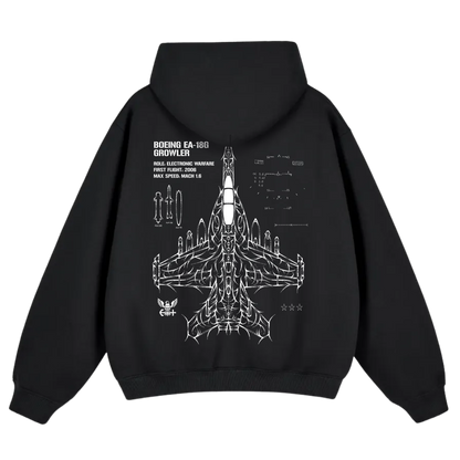 Black hoodie with white Boeing EA-18G Growler jet schematic and technical aviation graphics on back