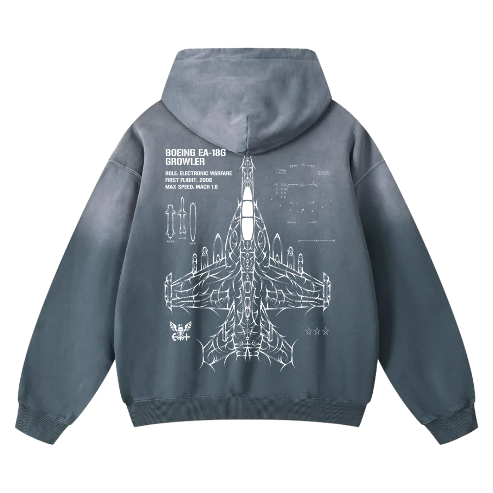 Blue hoodie with Boeing EA-18G Growler schematic and aviation-inspired graphic on back