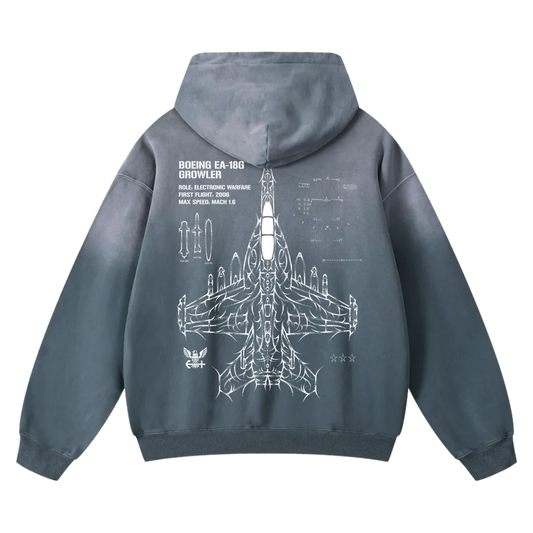 Blue hoodie with Boeing EA-18G Growler schematic and aviation-inspired graphic on back