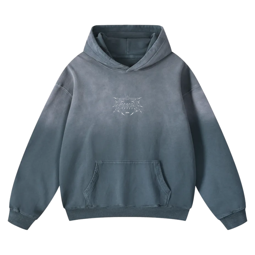 Blue oversized hoodie with front pocket and white abstract graphic on chest