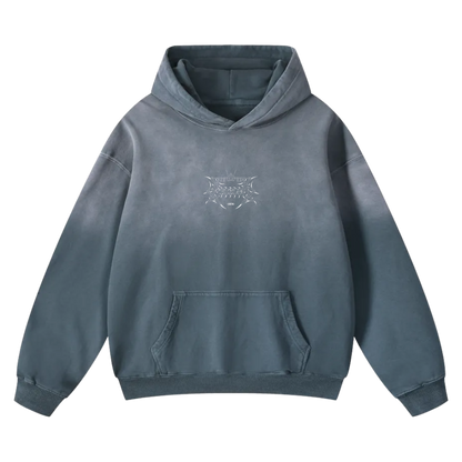Blue oversized hoodie with front pocket and white abstract graphic on chest