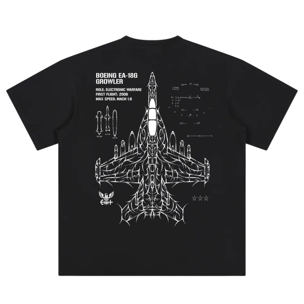 Black t-shirt back with white line art of EA-18G Growler fighter jet and technical details