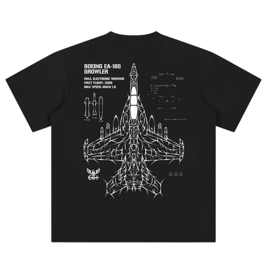 Black t-shirt back with white line art of EA-18G Growler fighter jet and technical details