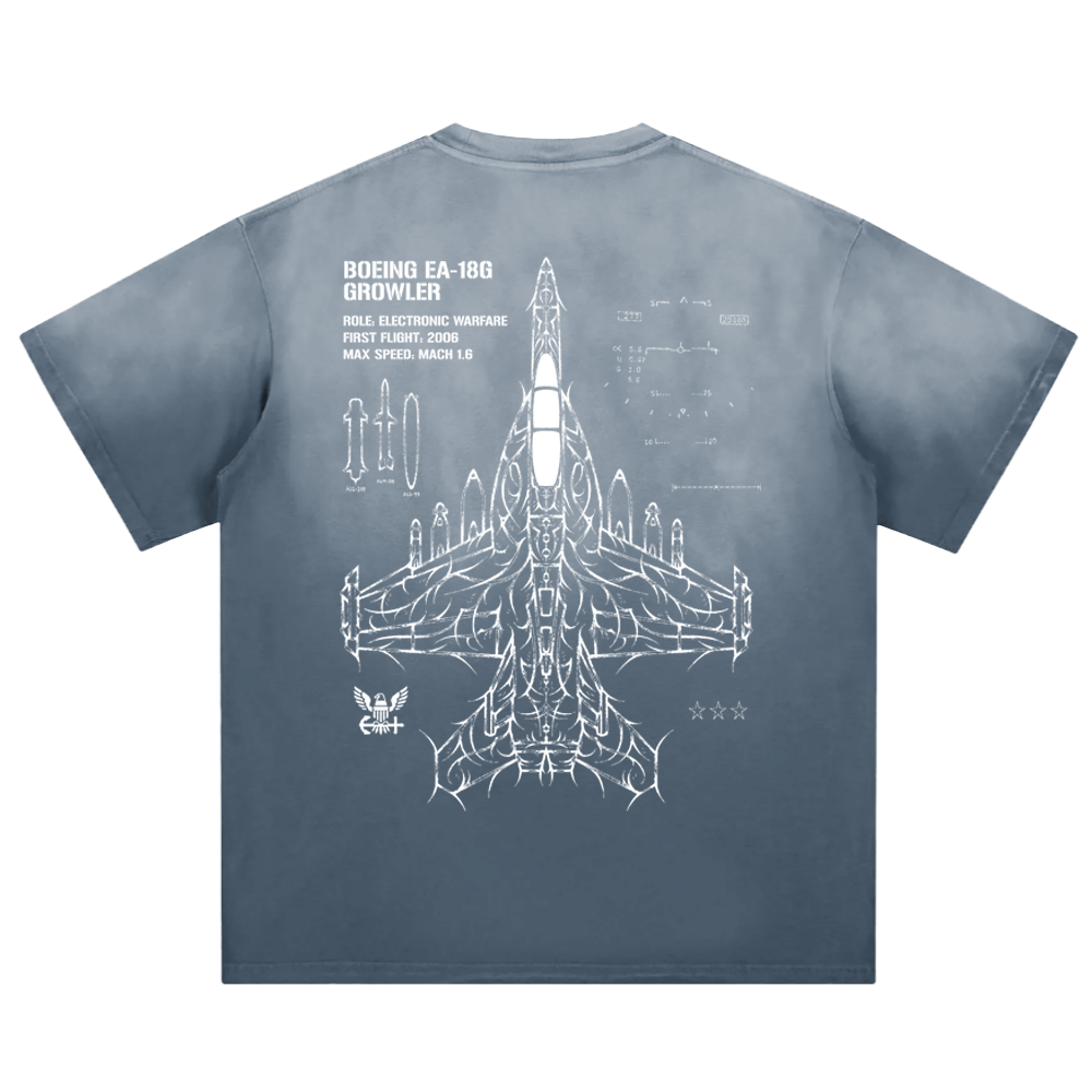 Blue t-shirt featuring Boeing EA-18G Growler aircraft schematic and technical linework on back.
