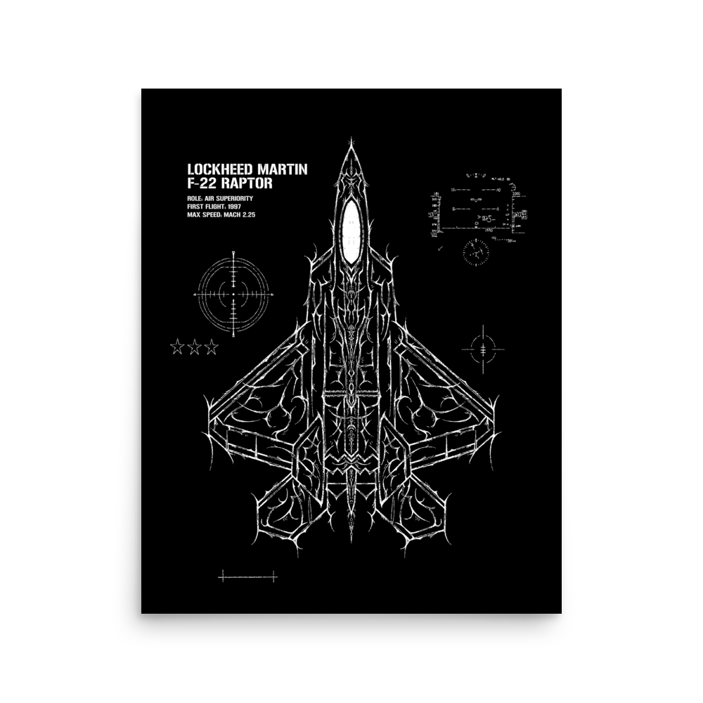 Poster with abstract line art of F-22 Raptor jet, technical text, and aviation symbols on black