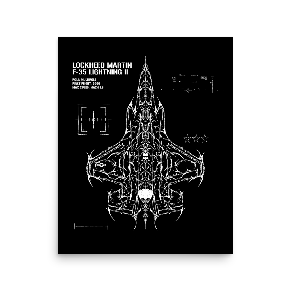 Aviation poster featuring an artistic F-35 Lightning II jet schematic with technical details on black background.