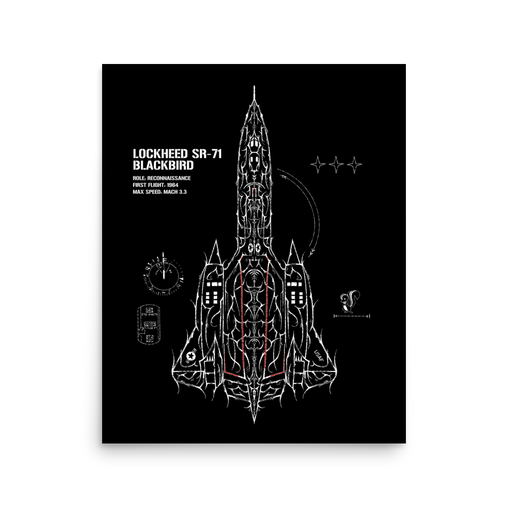 SR-71 Blackbird poster with detailed white line art, aviation schematics, and technical text on black background