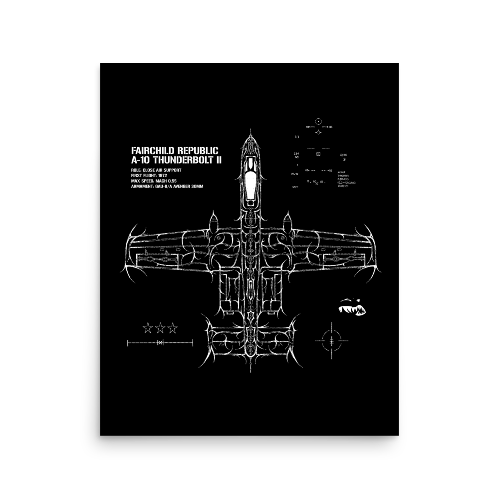 A-10 Thunderbolt II blueprint poster with white technical line art and aviation specs on black background